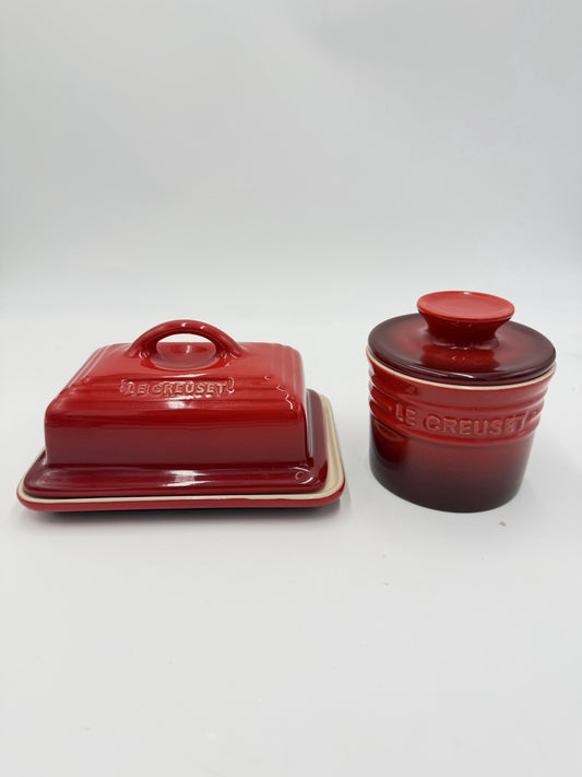 Le Creuset Stoneware Red Butter Dish & Butter Bell Crock Red Set 2 PCs