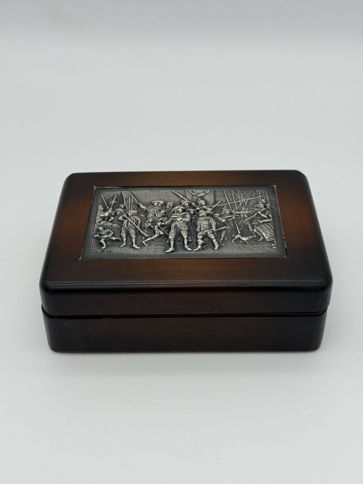 Antique Dutch Silver Mounted Wood Box Keepsake Folk Art Rembrandt’s Night Watch
