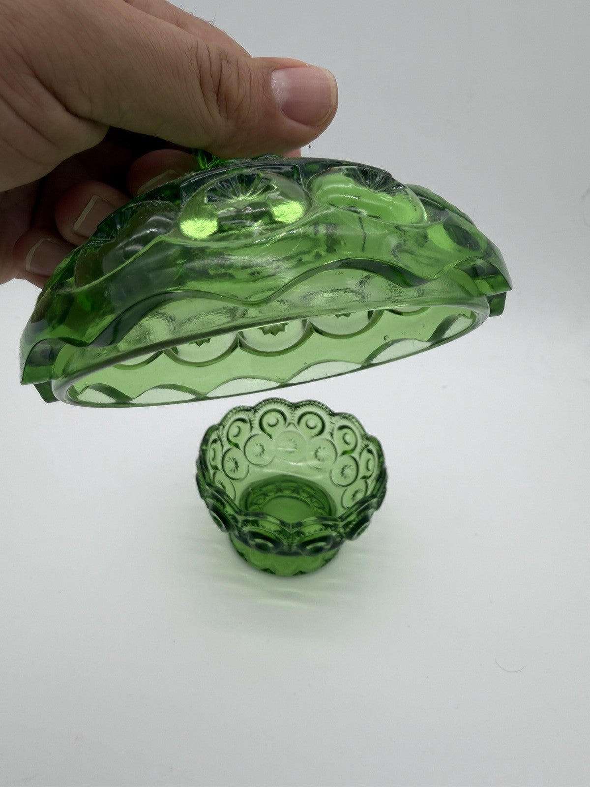 MCM LE Smith Art Glass Moon & Stars Lidded Compote / Candy Dish Green Emerald