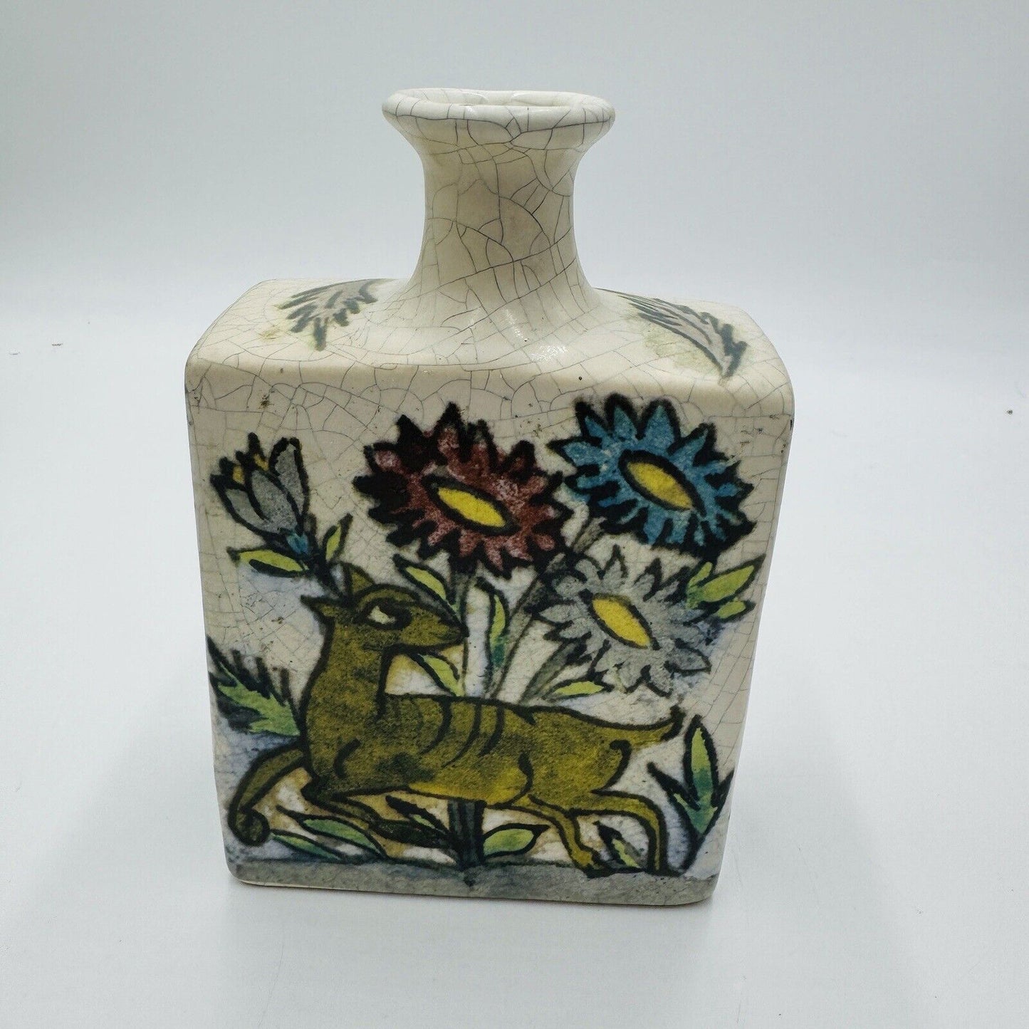 Pottery Barn Ikat Crackled Flower Vase Floral Birds 7” Original PB Sticker