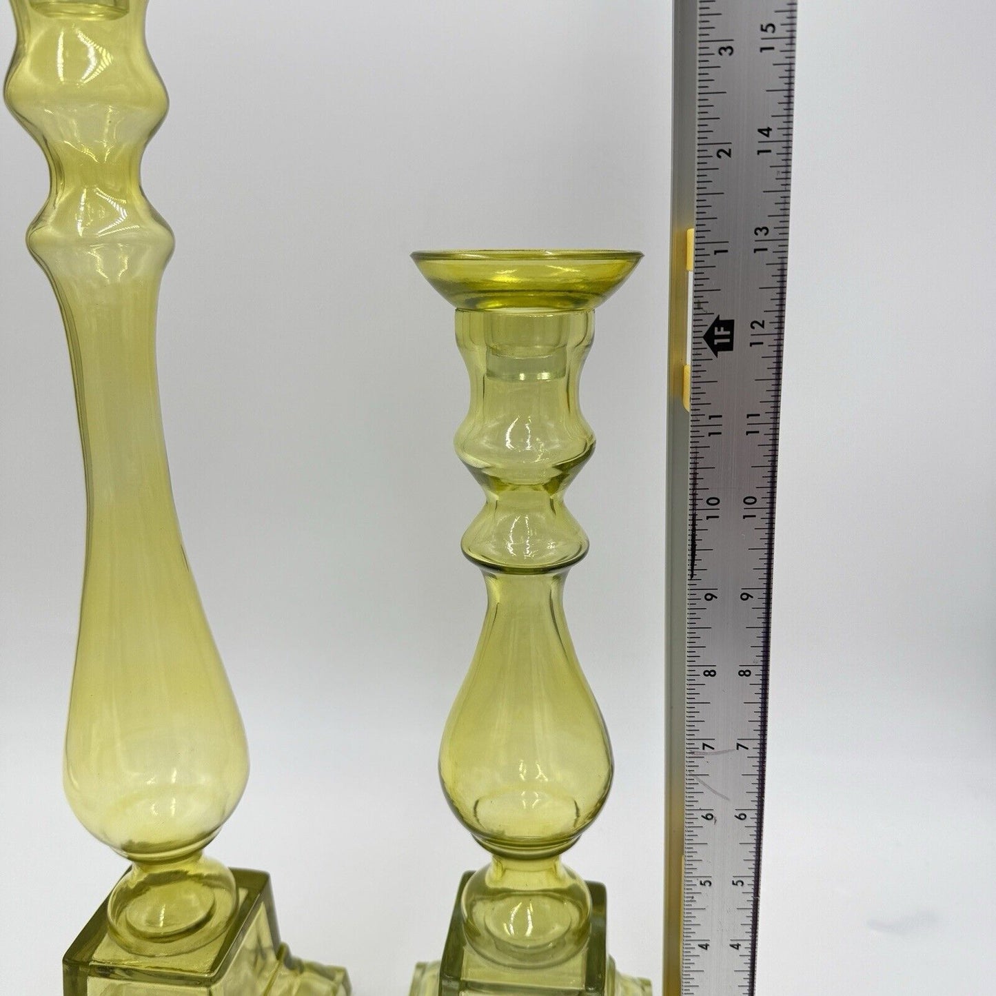 MCM Yellow Art Glass Candle holders By Lazy Susan Square Base Round Top 2