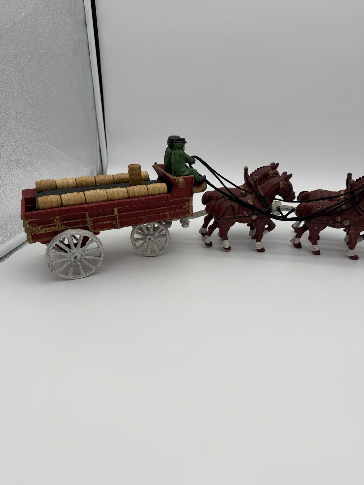 Vintage Budweiser Clydesdale Horse & Beer Wagon Cast Iron Set w/ 11 Wood Barrels