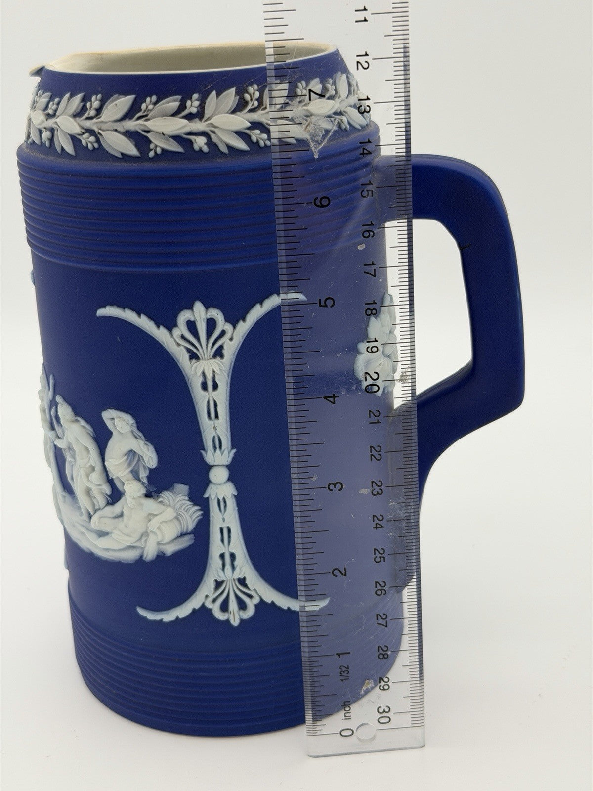 Antique Wedgwood Jasperware Dipped Blue Pitcher 7.5” Trojan Jug England Large