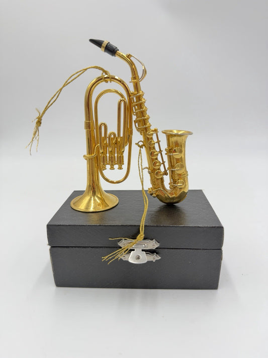 Vintage Gold Tone Saxophone & Euphonium Brass Instrument Christmas Ornaments