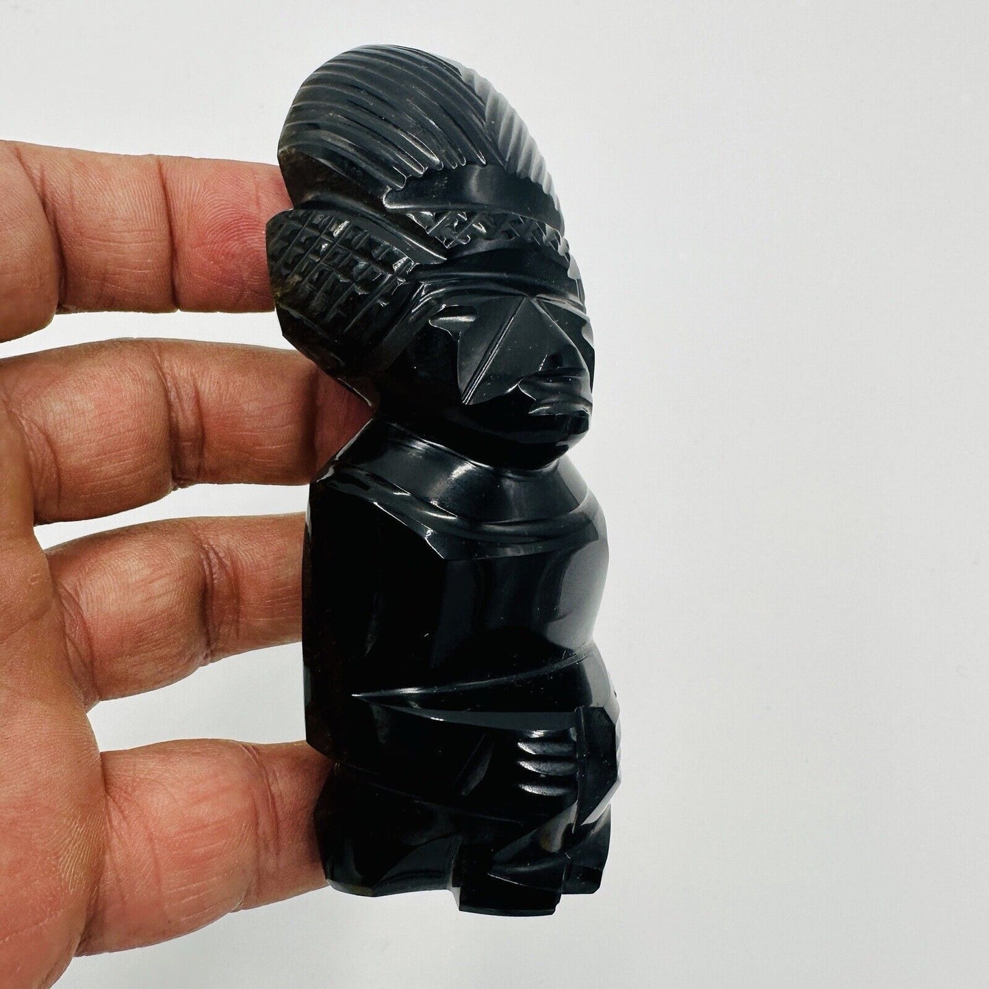 Black Obsidian Gold Sheen Hand Carved Aztec Mayan Idol Figurine 4.5in