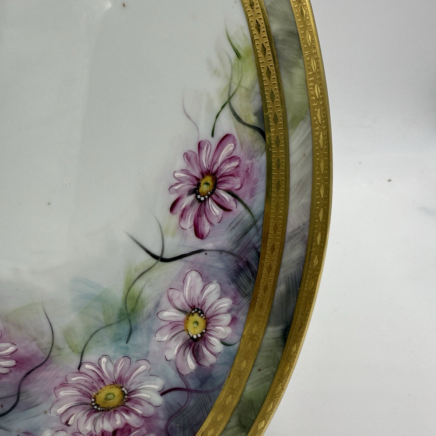 Royal Limoges France Painted Oval Floral Plaque Pink Gold Rim 12”x9” Porcelain