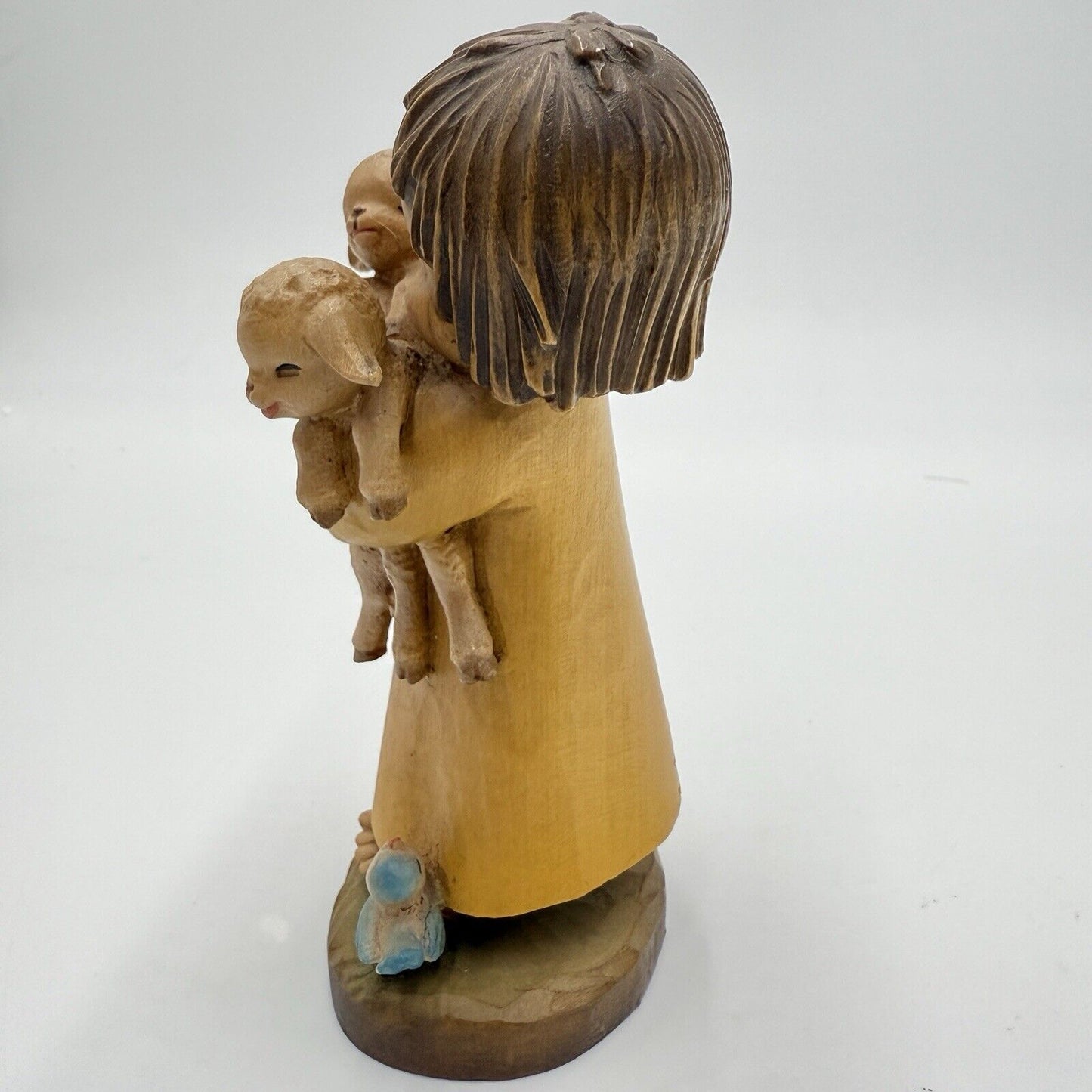 Vtg ANRI FERRANDIZ 5” Wood Carved Figurine Spring Arrivals Girl W/lambs Italy