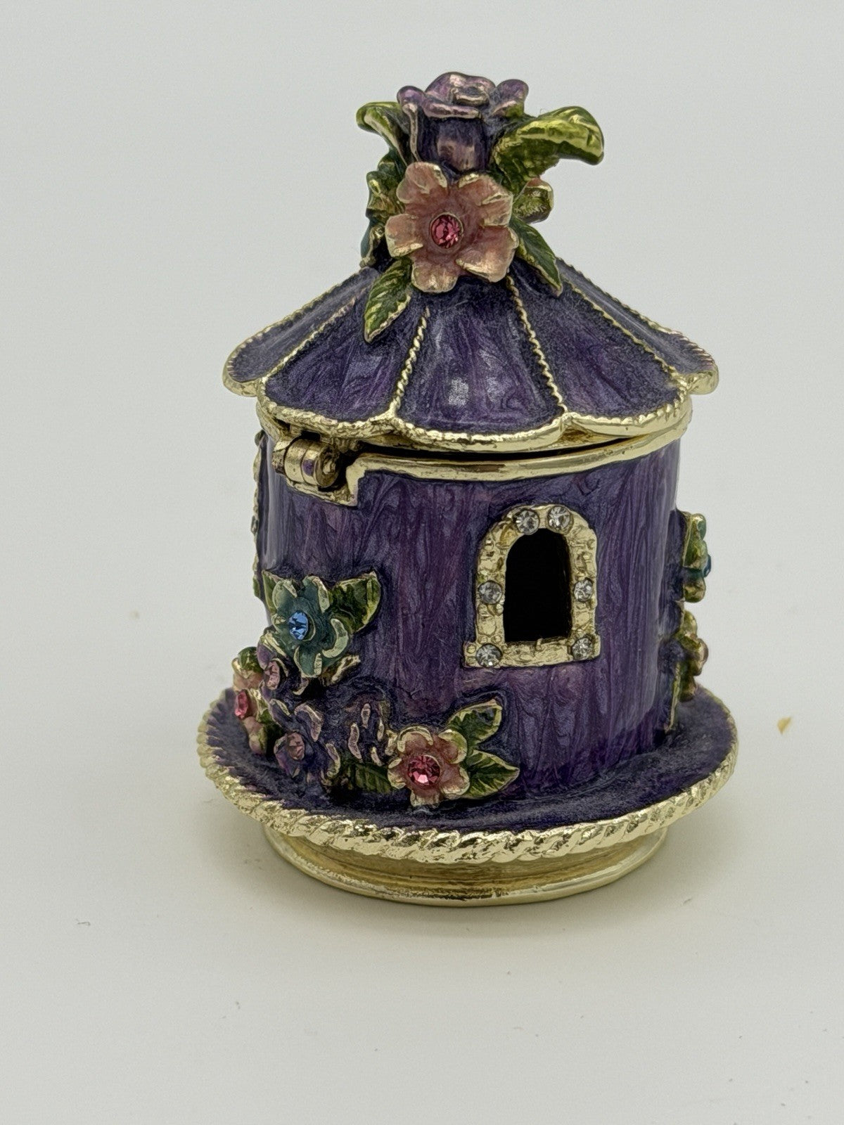Enamel Purple Gold Gilt Birdhouse Trinket Box Jewelry Box Pink Purple Metal 2”