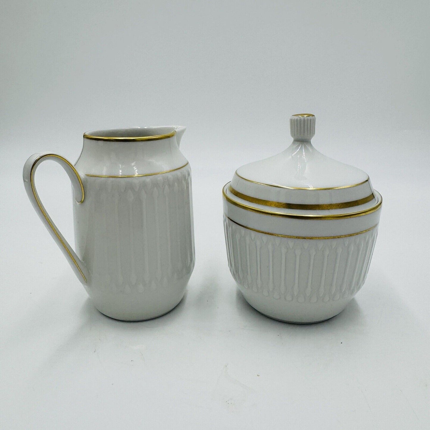 Rare Hutschenreuter Luxor Germany Porcelain 3106 Creamer & Sugar White Gold Trim