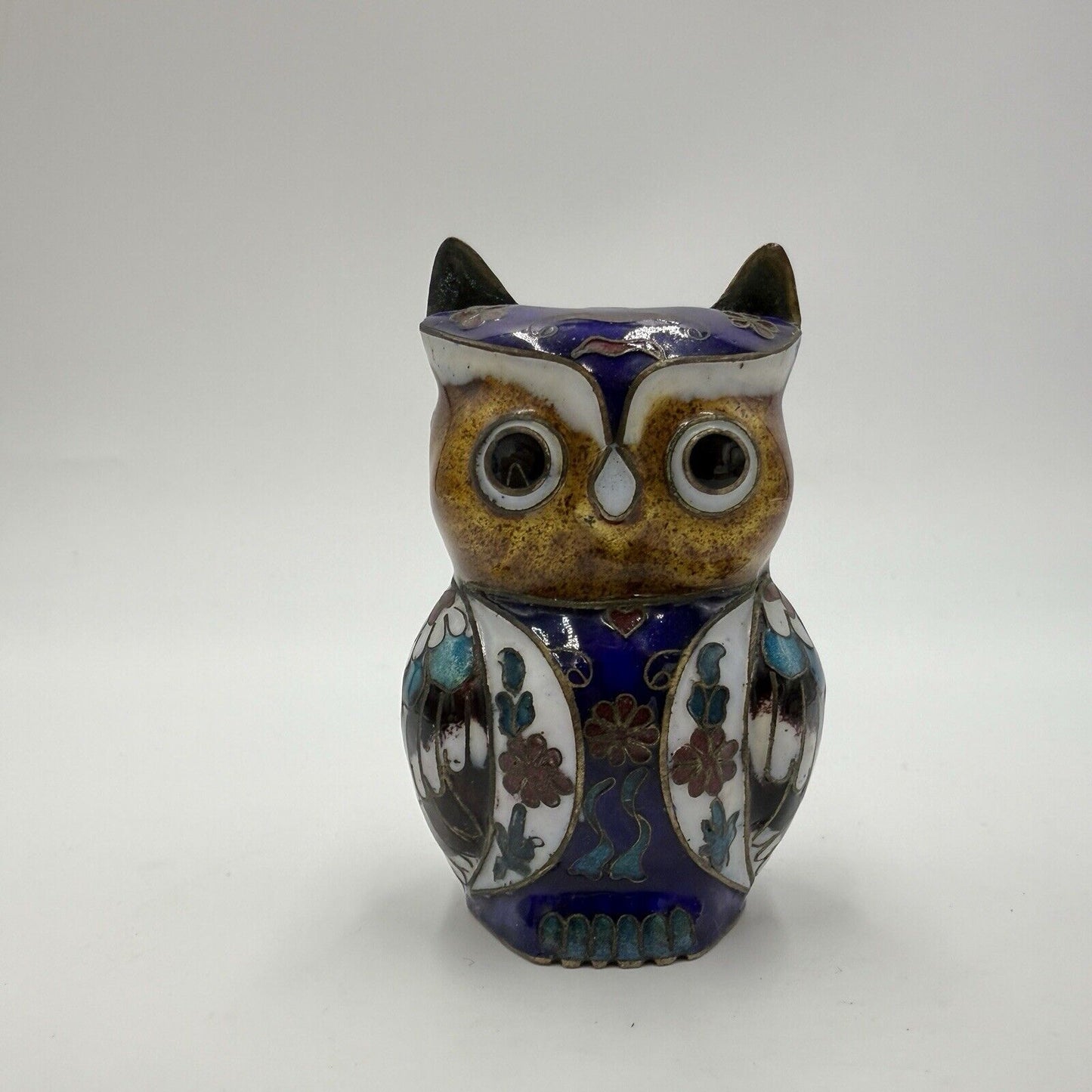 Vintage Cloisonne Chinese Brass Enameled Owl Figurine 3”