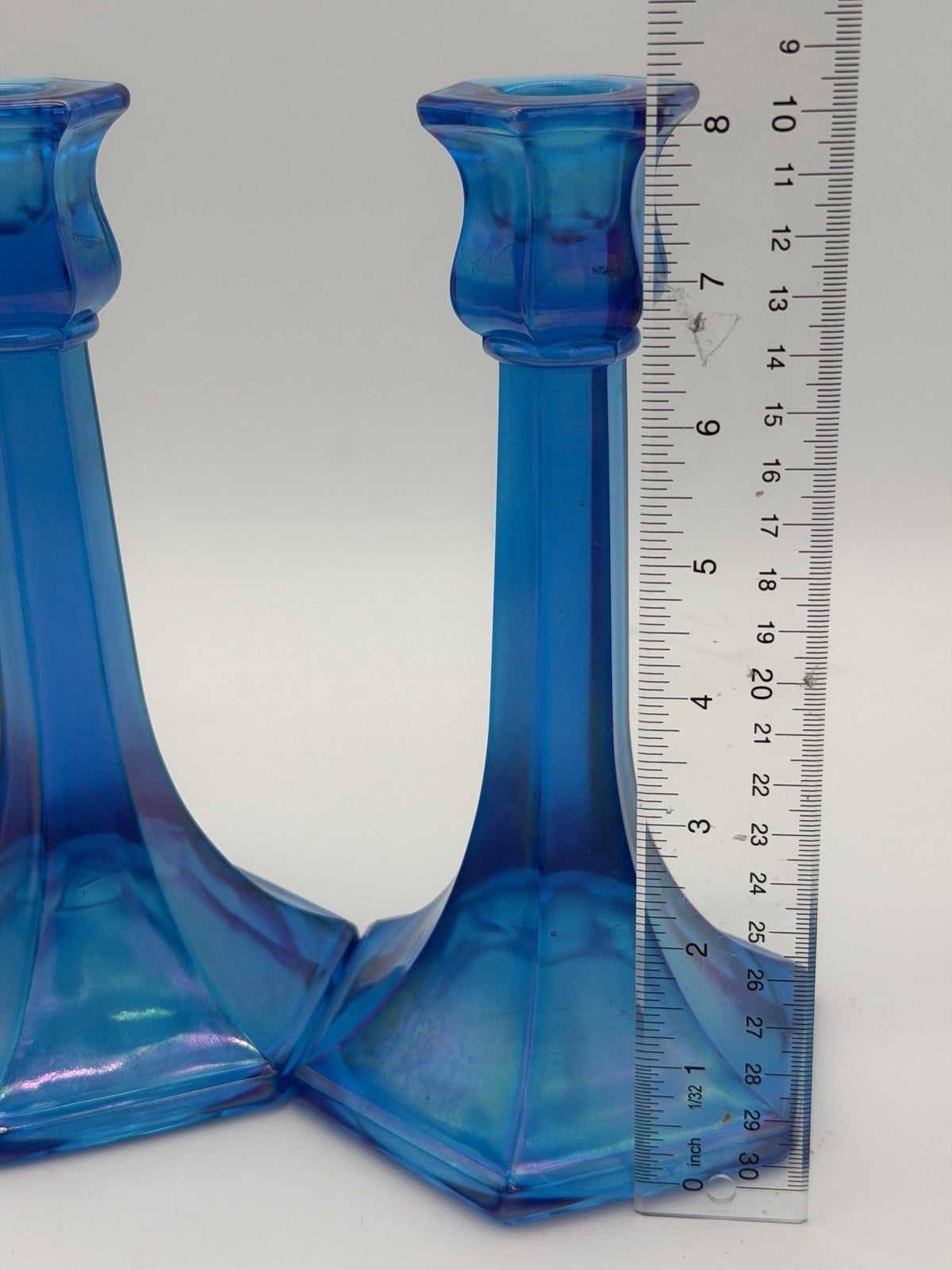 Fenton Florentine Celeste Blue Iridescent Carnival Art Glass Candle Sticks