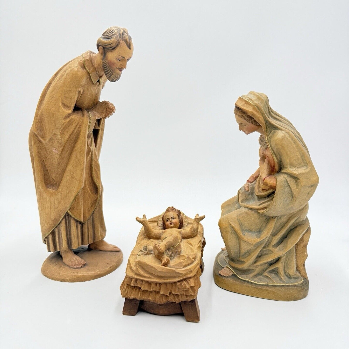 vintage ANRI KARL KUOLT wood carvings ITALY nativity large set 10” folk art