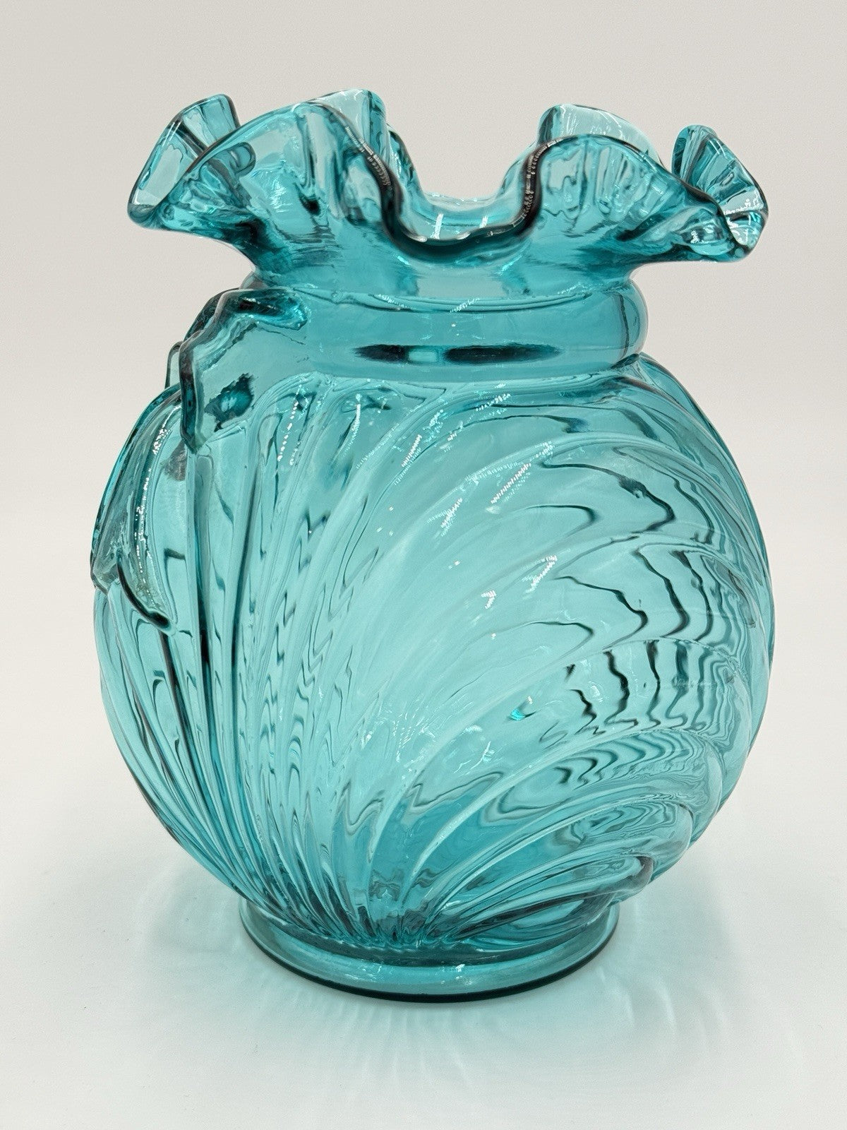 Vtg Fenton Art Glass Turquoise Teal Caprice Swirl w Bow Ruffled Edge Vase 6.5”