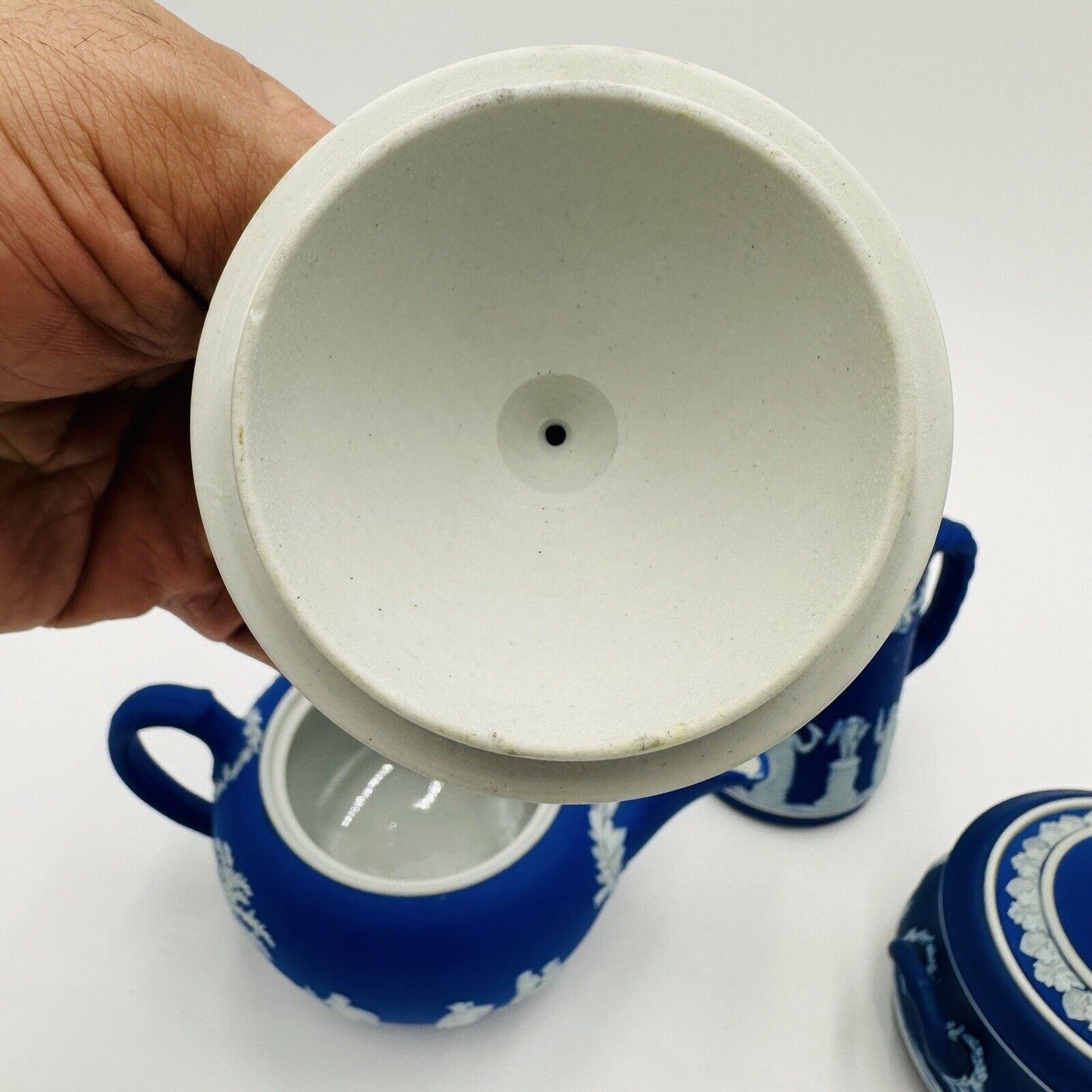 Wedgwood Teapot Sugar Bowl Pitcher Dipped Cobalt Blue #43 Set Jasperware