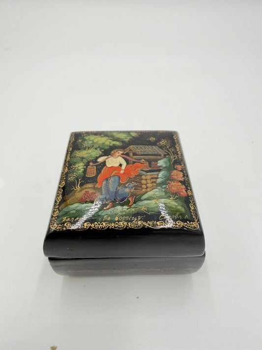 Folk Art Russian Wood Lacquer Box 80s Handpainted Fairy Tale Woman in the Well