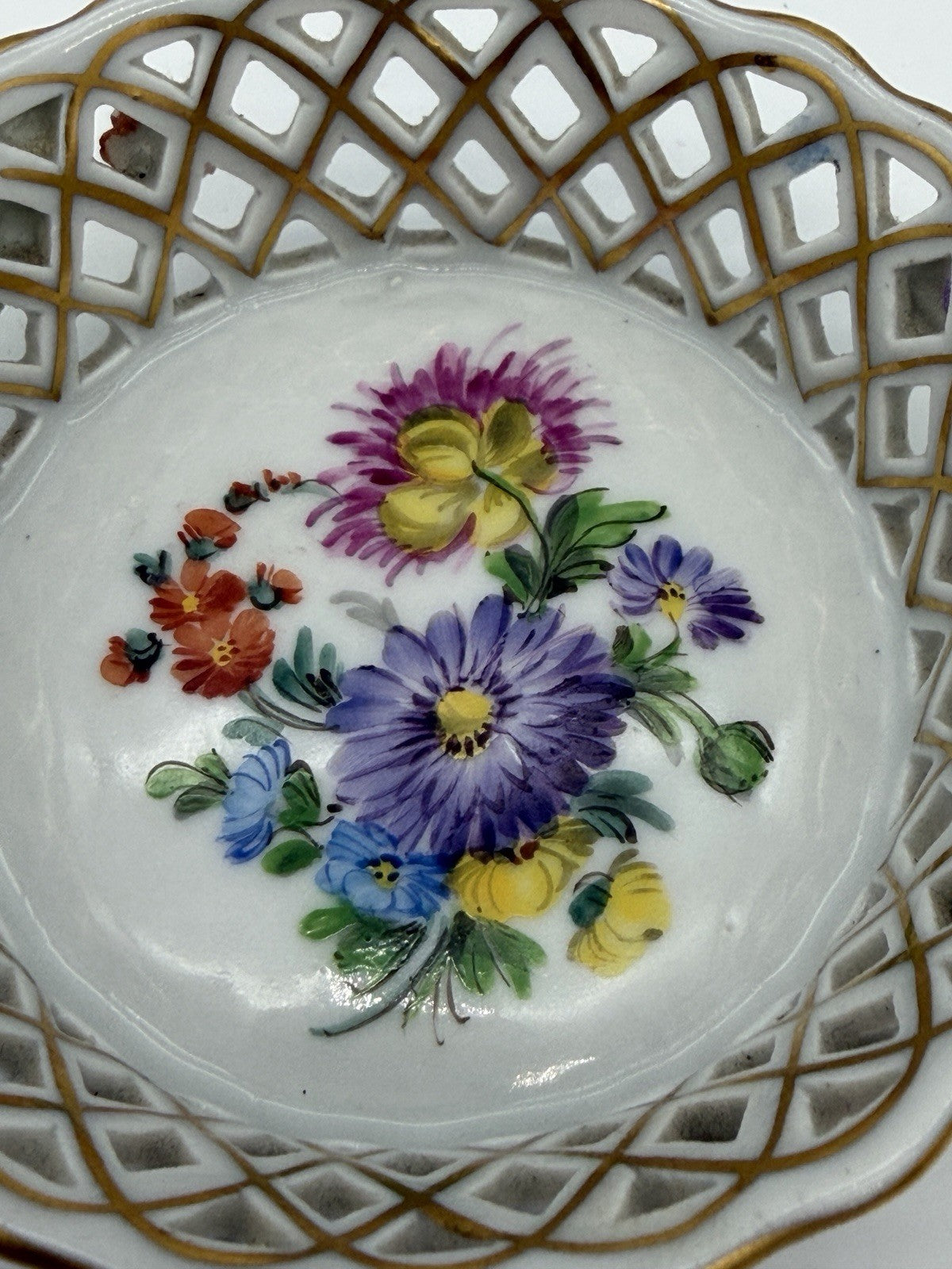 Antique Dresden Carl Thieme Pierced Reticulated Porcelain Floral Basket Dish Min