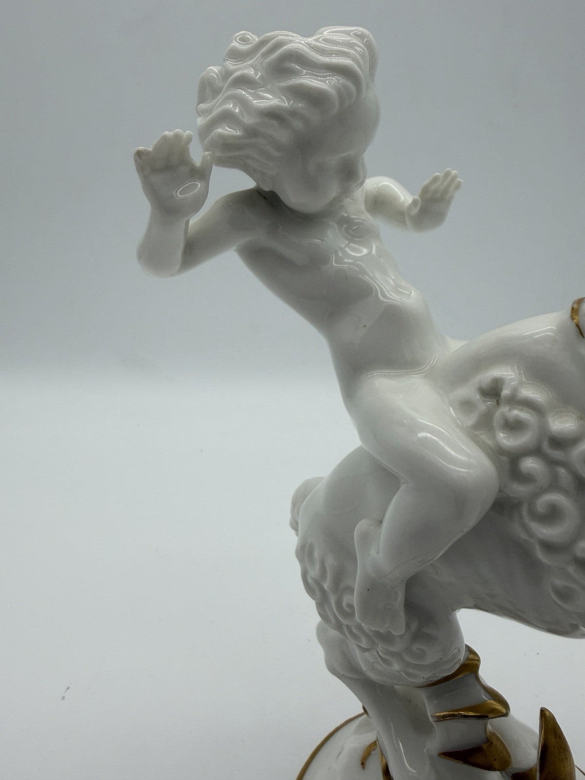 Hutschenreuther Art Deco porcelain High Spirits putto riding ram figurine 7”