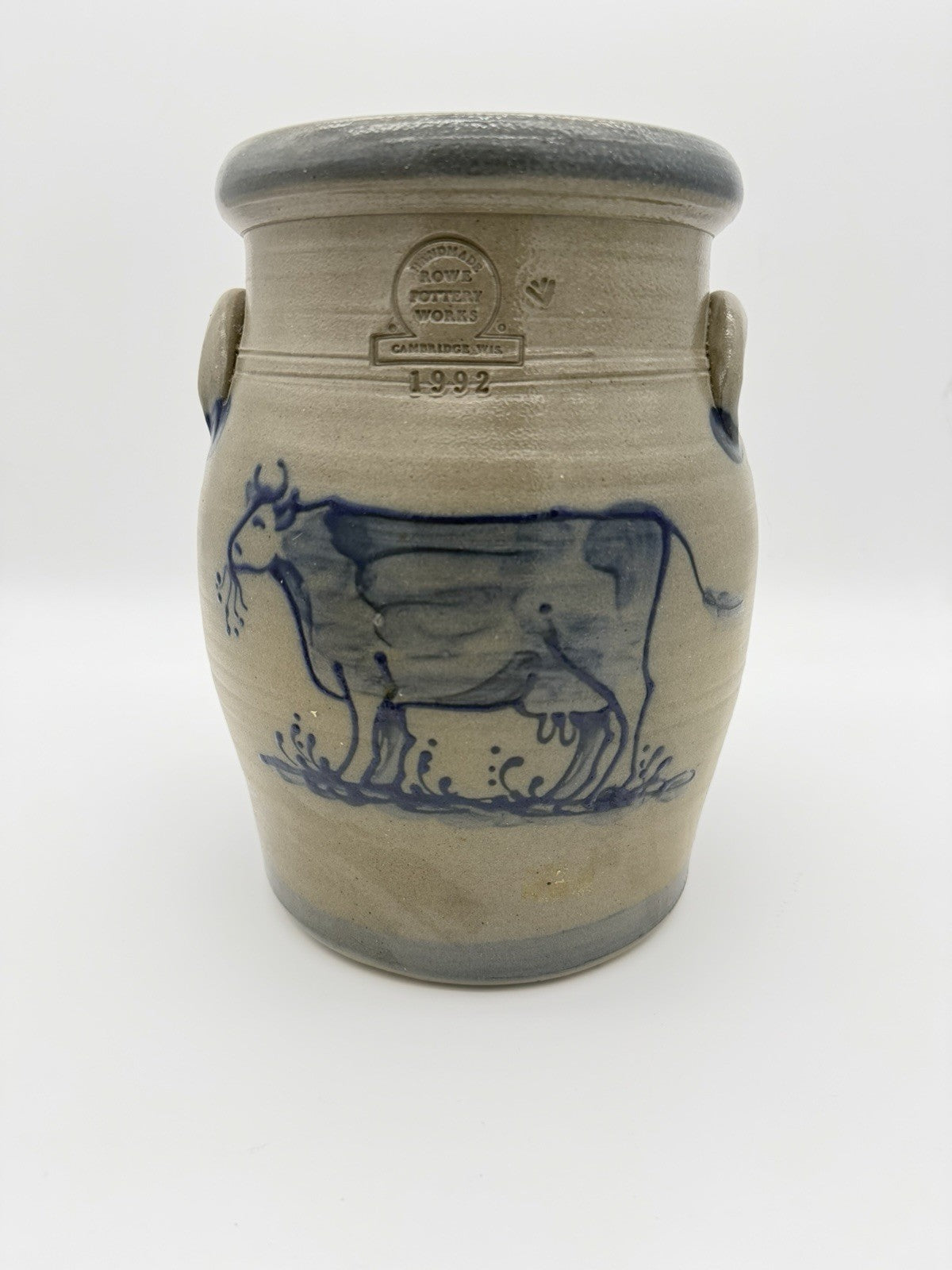 Rowe Pottery Works Lidded Canister Cow Salt Glaze Stoneware 10.75” Gallon 1990