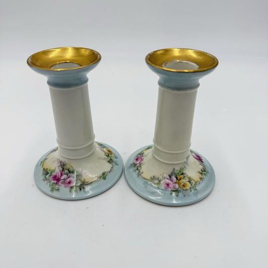Antique Limoges France W.G. & Co Porcelain Pink Roses Candle Holders Painted