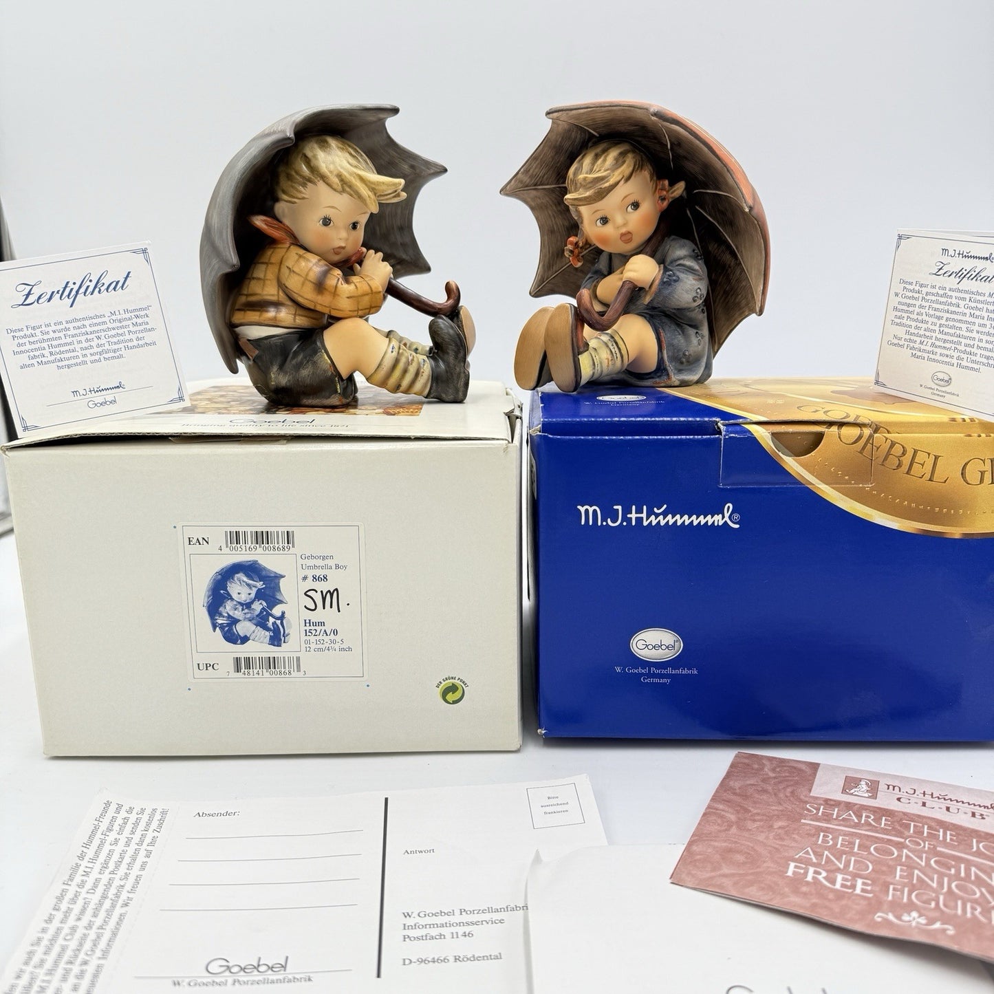 Goebel Hummel Umbrella Boy & Girl Porcelain Figurine 4 3/4” Germany Box /COA