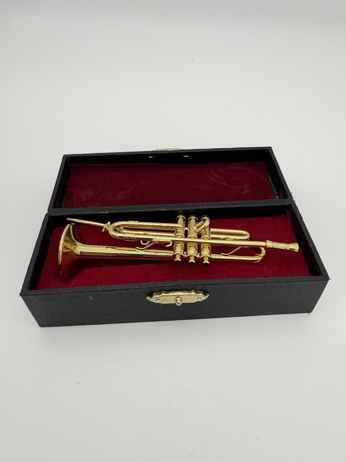 Broadway brand 5” miniature trumpet Instrument Brass figurine W/case & Stand Vtg