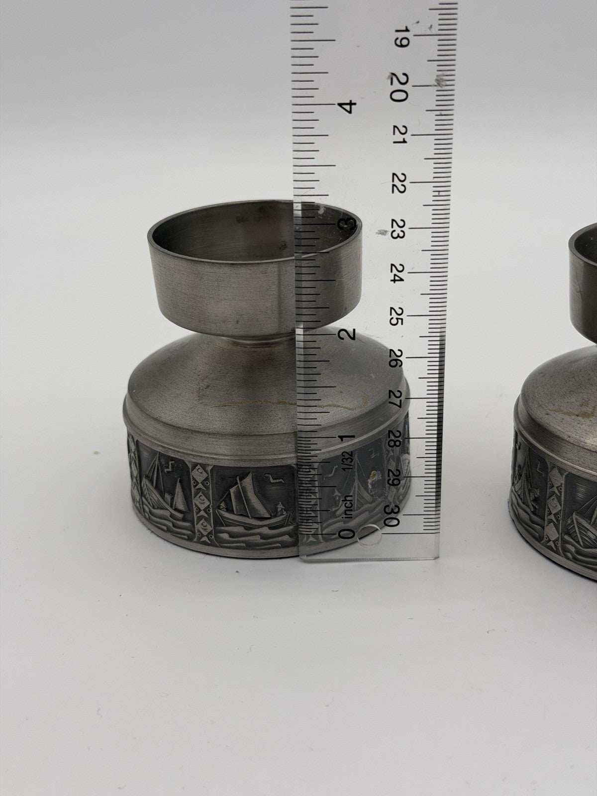 Selandia Norway Pewter Short Candlestick 1960’s Nautical Sailing Boat 2.5”H Pair
