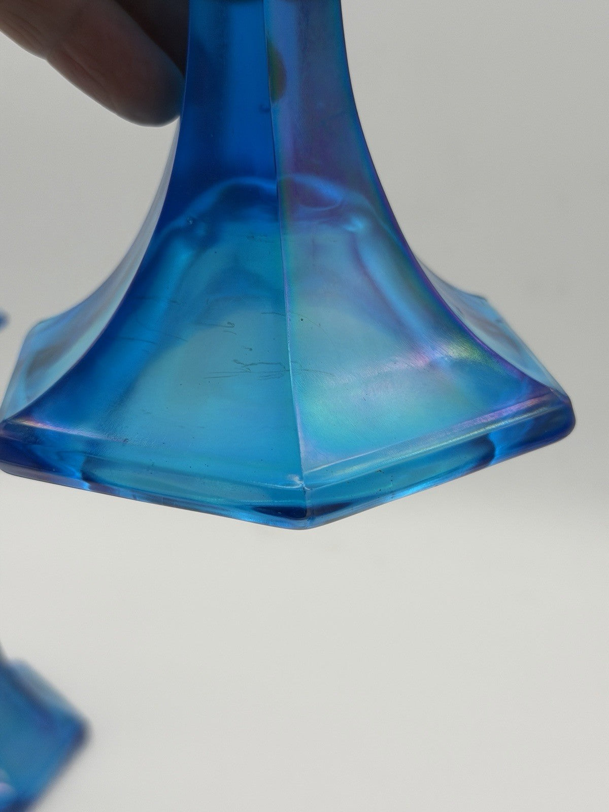 Fenton Florentine Celeste Blue Iridescent Carnival Art Glass Candle Sticks