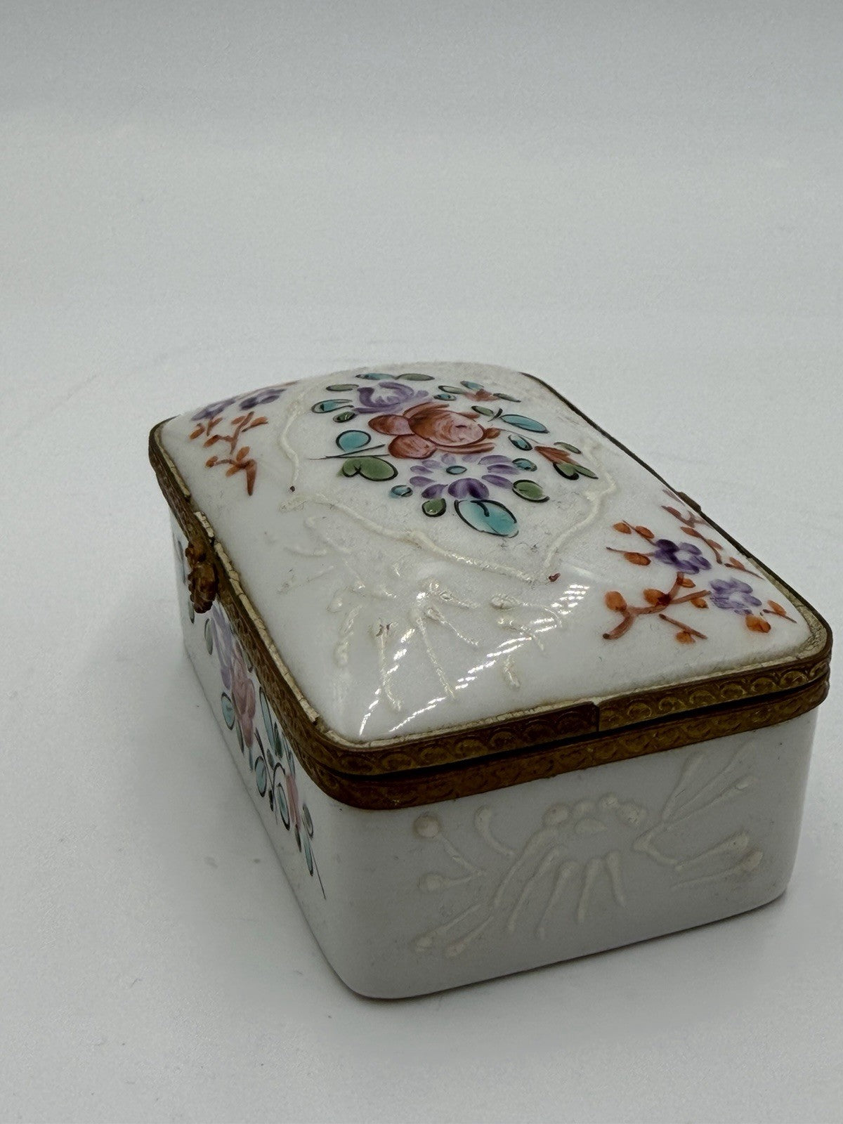 Antique France Made Porcelain Floral Painted Metal Accents Trinket Jewelry Box