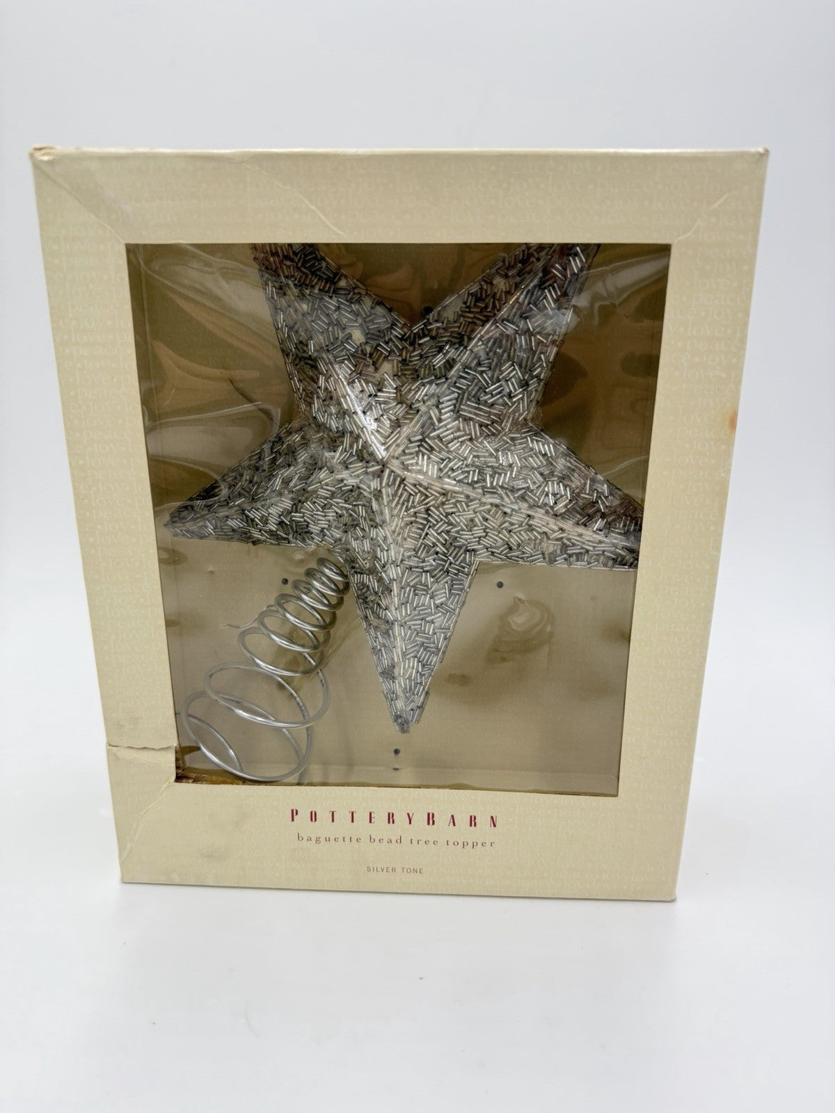 Pottery Barn Baguette Bead Tree Topper Silver Tone Christmas Star Rare Boxed 10”