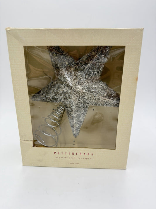 Pottery Barn Baguette Bead Tree Topper Silver Tone Christmas Star Rare Boxed 10”