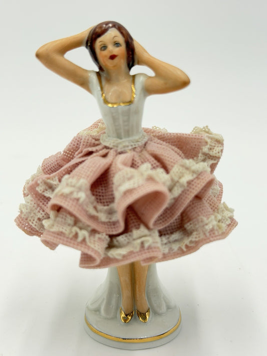 Vintage Dresden Porcelain Lace Victorian Lady Figurine Pink Dress 4” Germany