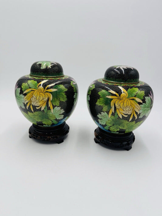 Vintage Cloisonne Brass Enameled Ginger Jar Floral Butterfly Inlay Design 7”
