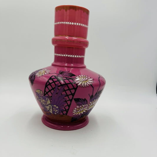 Victorian Aesthetic Pink Opaline Glass Vase Roosters Fighting Daisies Large Rare