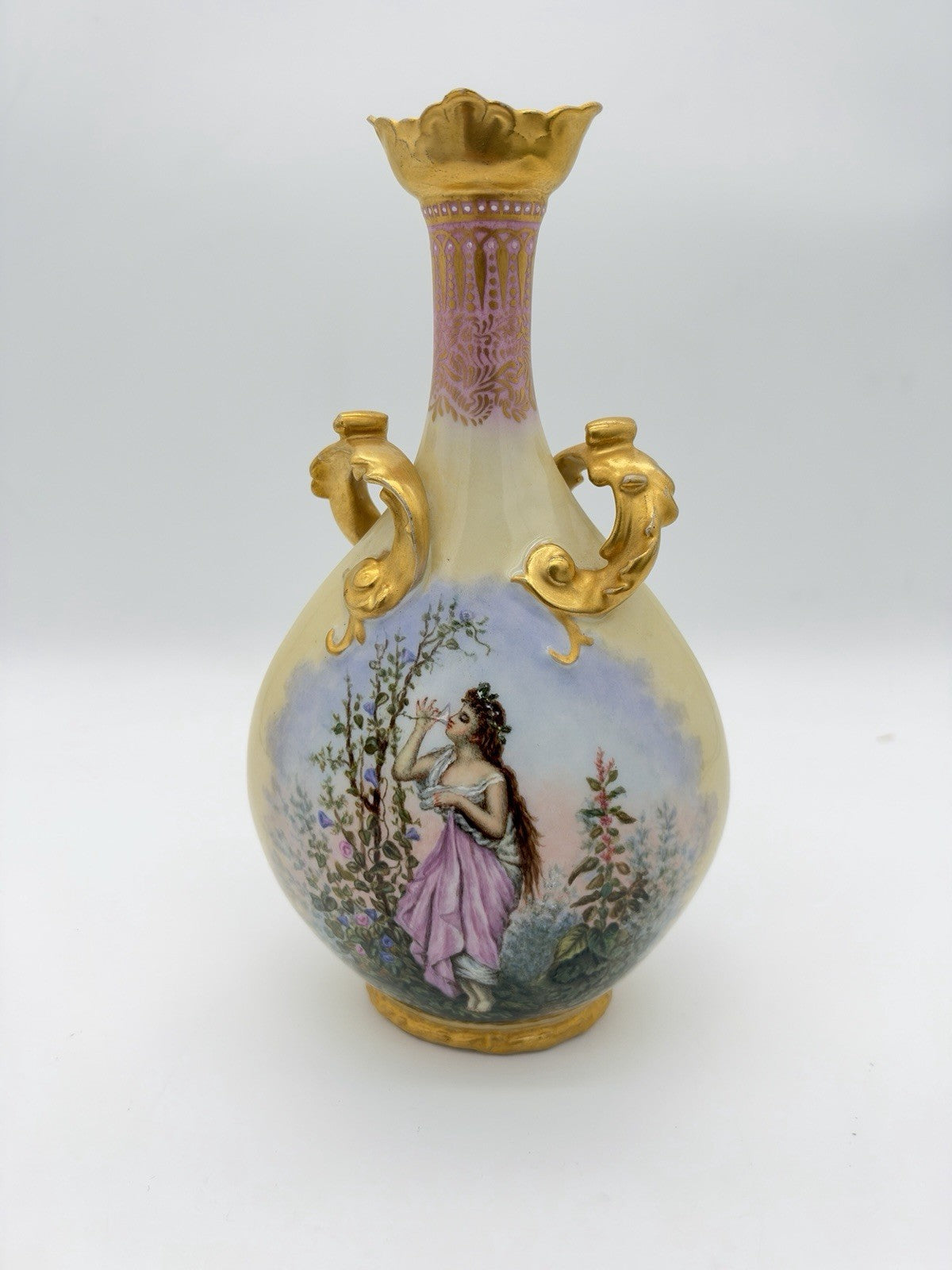 Antique Elite Limoges France Jean Pouyat C.1900 Porcelain 10” Handled Gold Vase