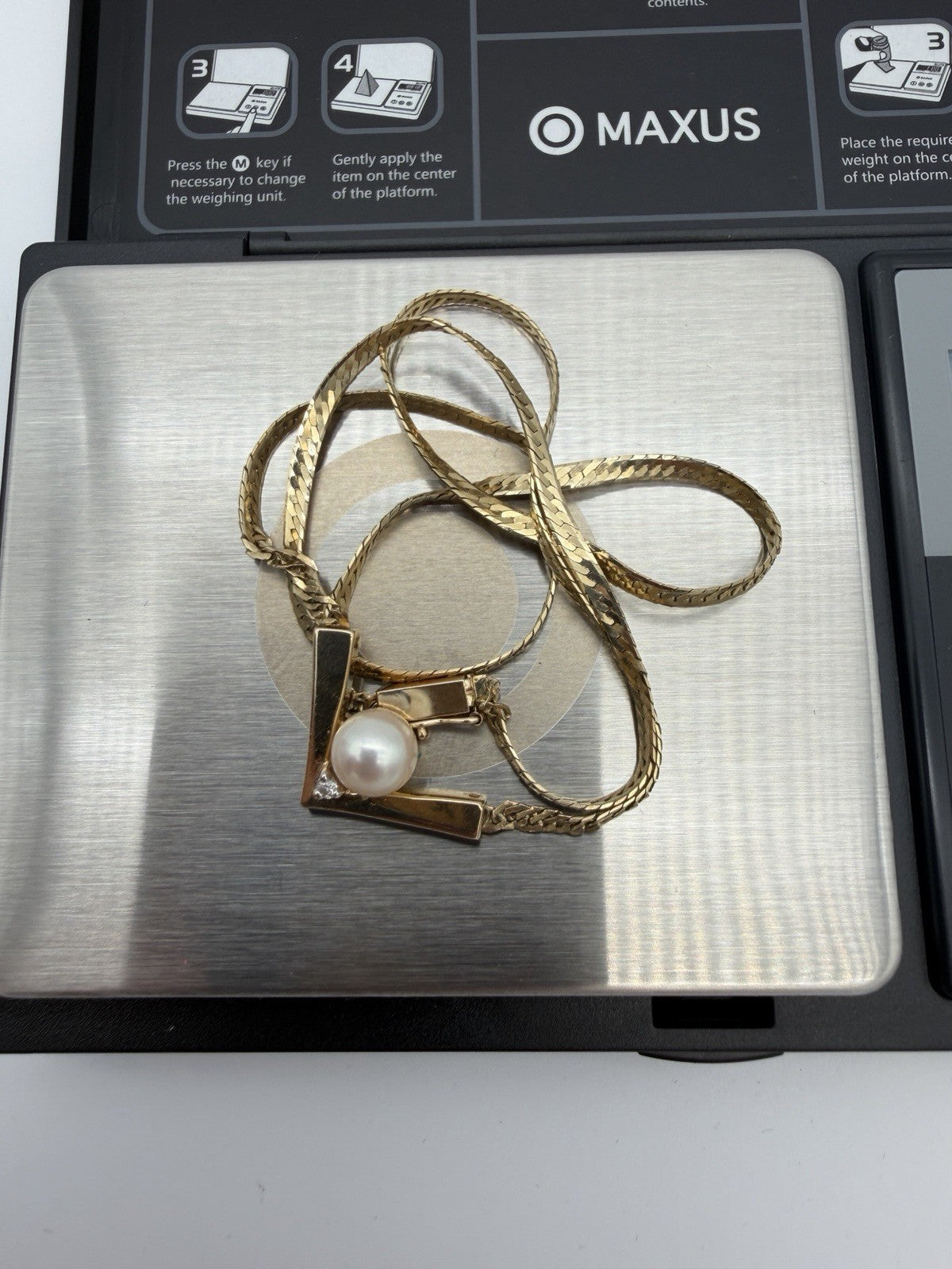 14k Italy Yellow Gold Herringbone V Drop Necklace 16”pearl Diamond 6g