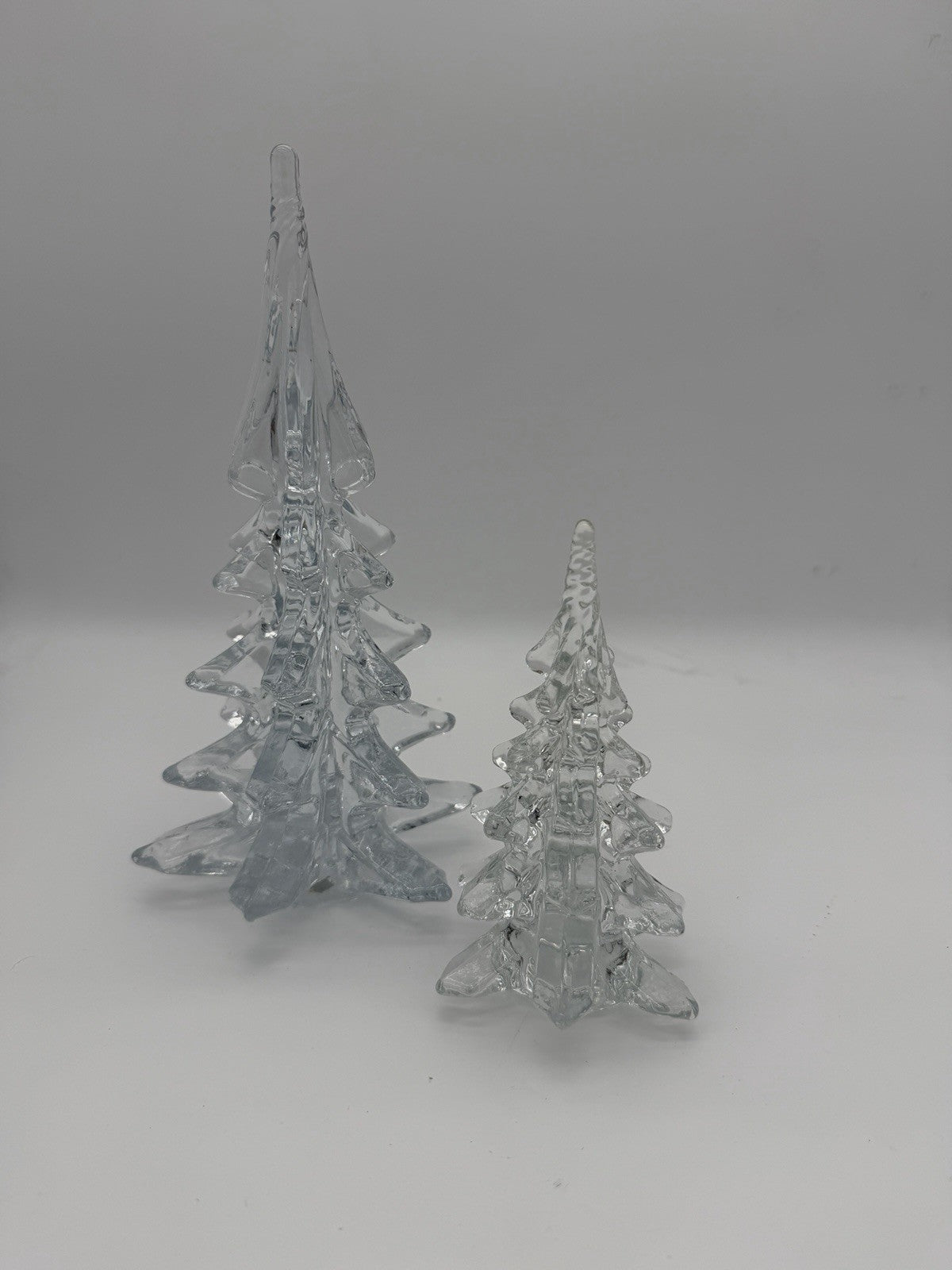 Vintage Silvestri Handcrafted Clear Art Glass Christmas Trees 10.5”&6” Figurines