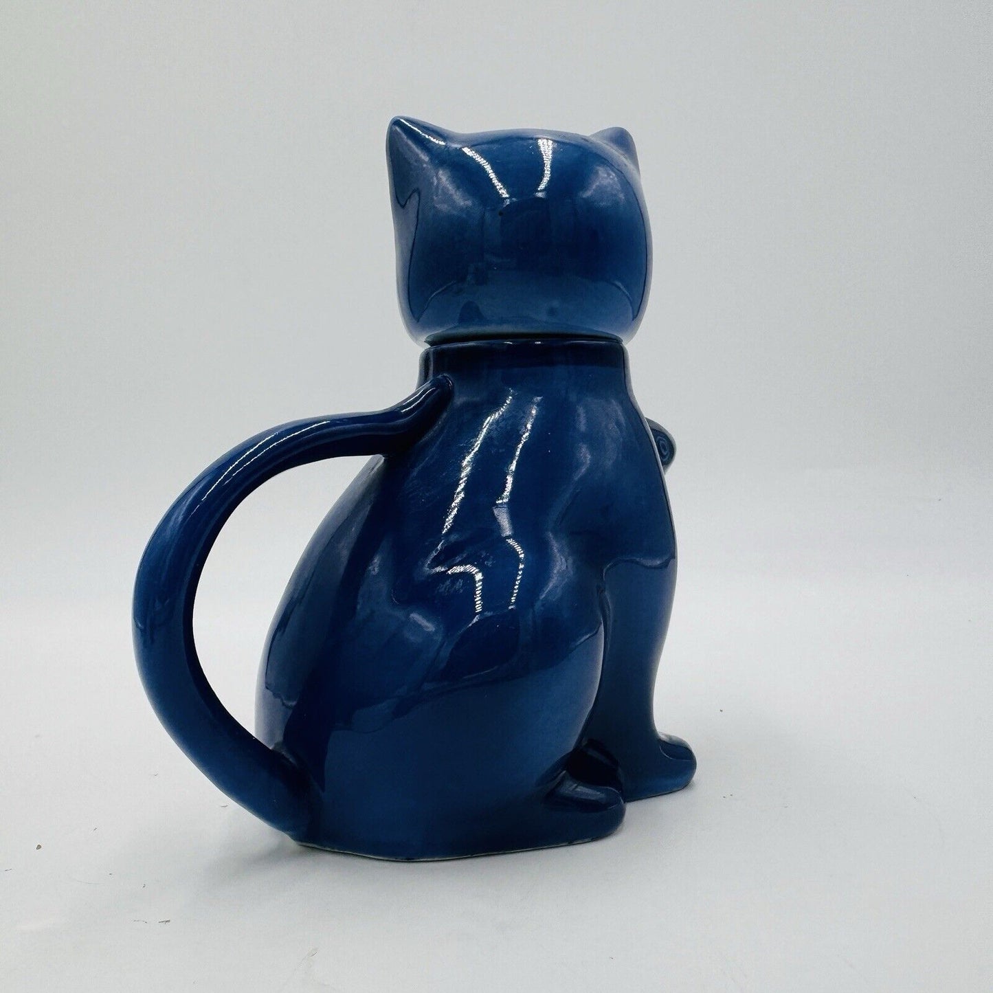 Vintage Lucky Navy Blue Cat Holding Koi Fish Mini Teapot Ceramic