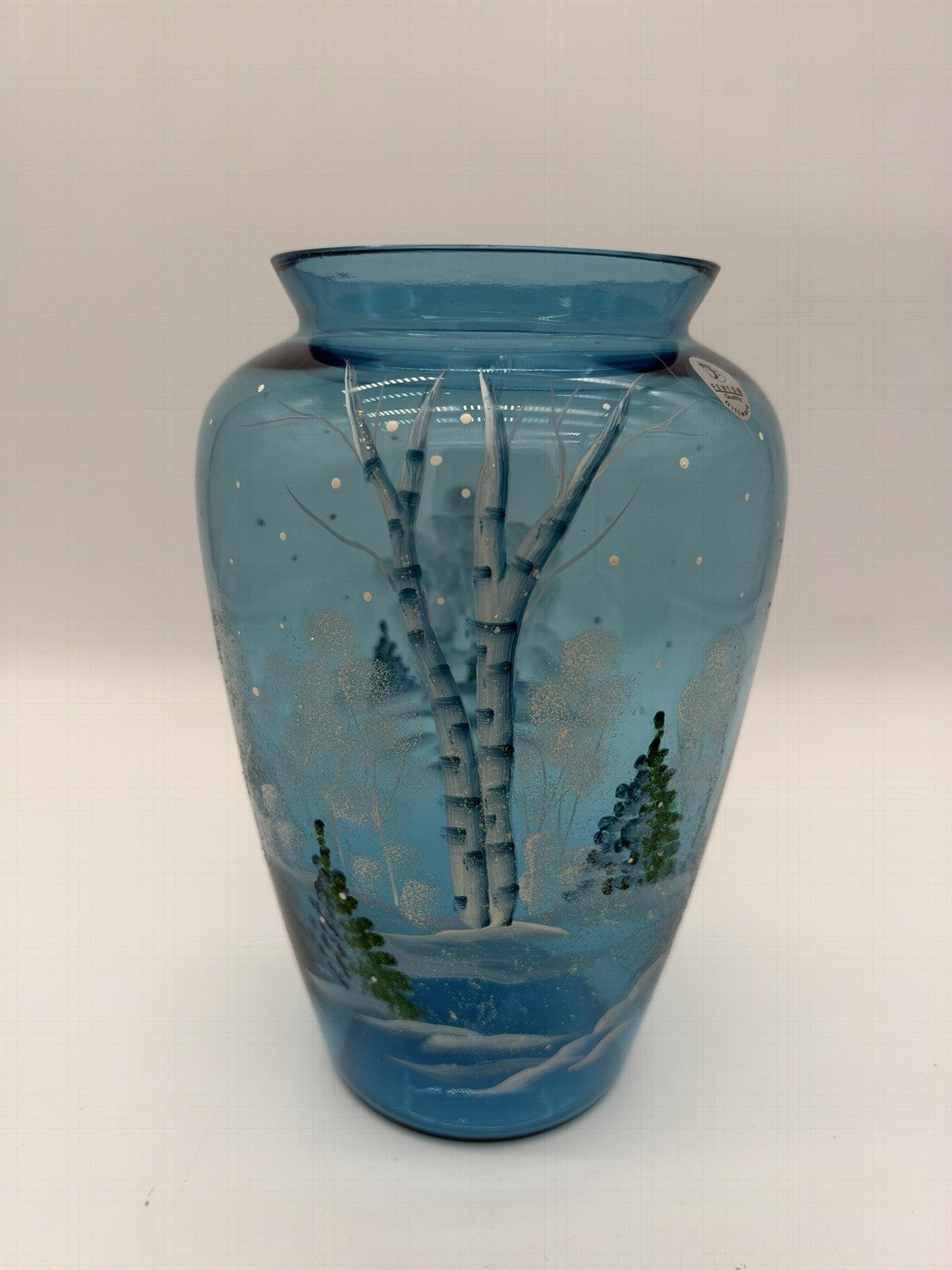 Fenton Art Glass Quality Blue Hand Painted Winter Christmas Scene Vase 8.5”H