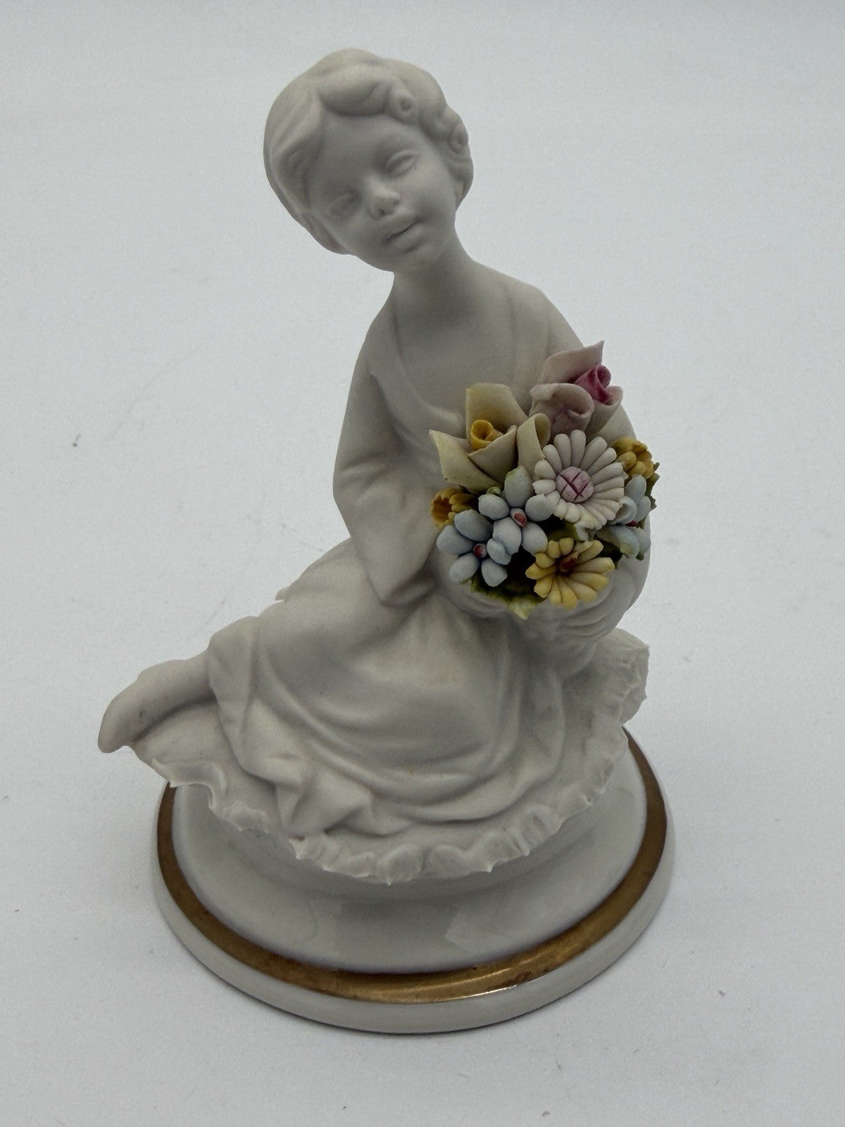 Capodimonte Italy White Bisque Porcelain Signed Marcolin Girl W/flowers Figurine