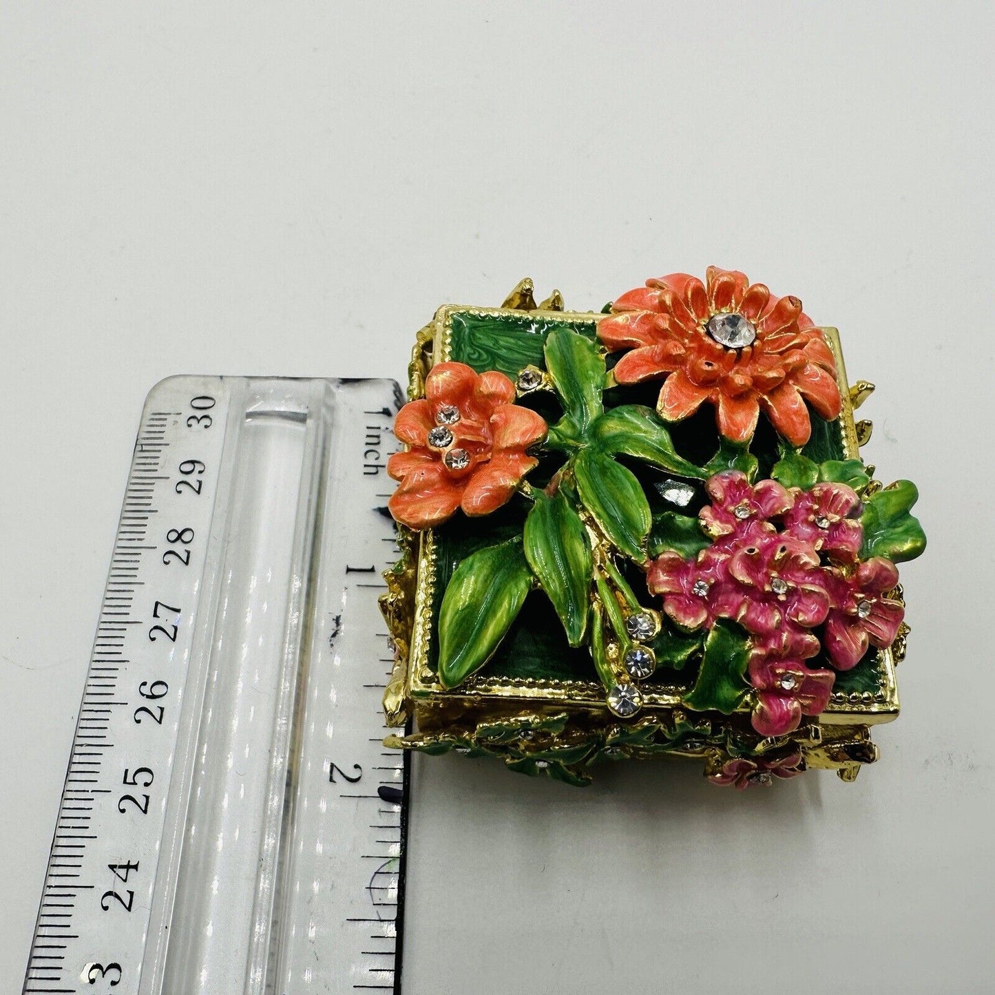 Trinket Box Rhinestone Floral and Green Hand Painted Enamel Interior Miniature