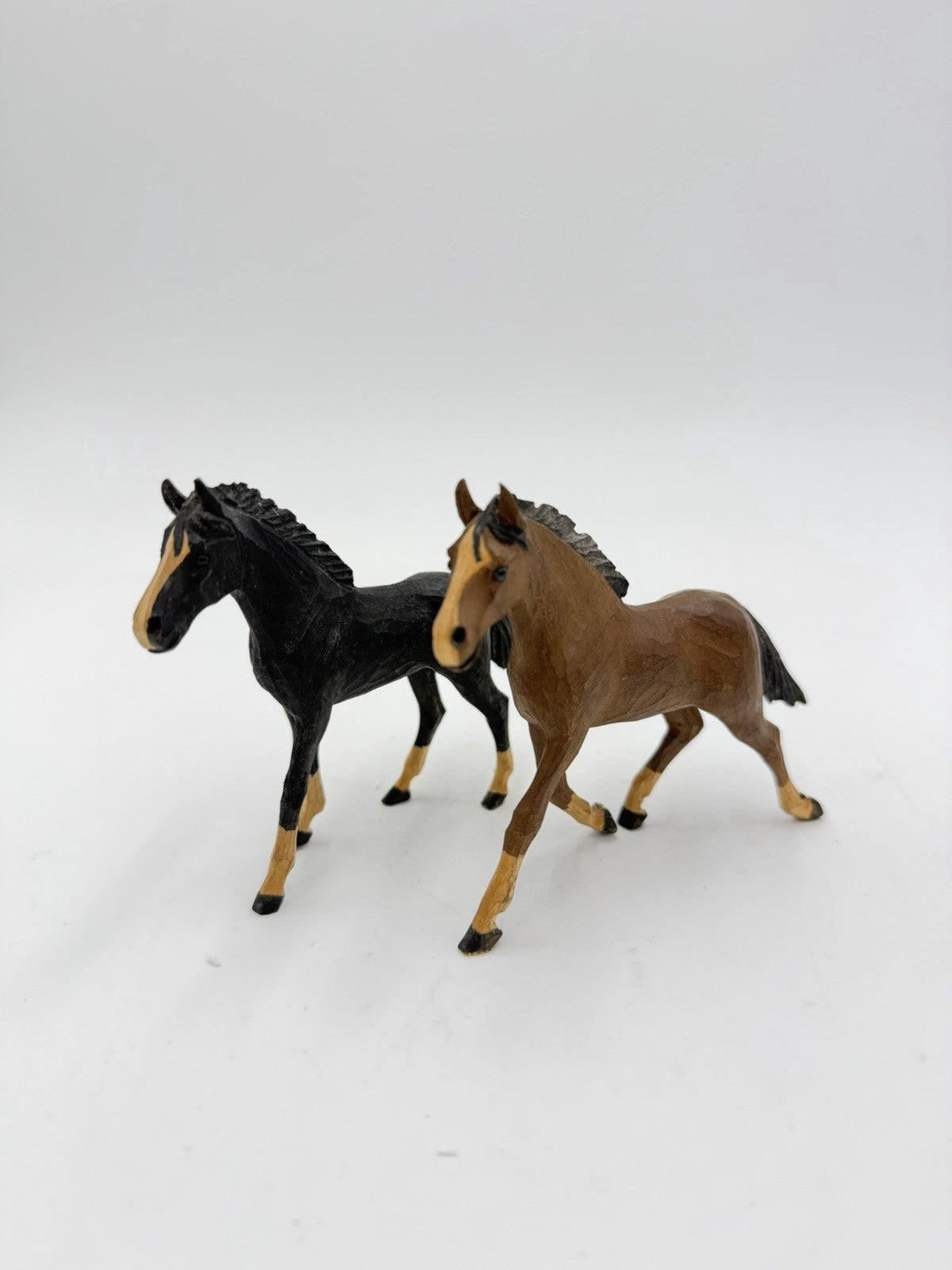 Vintage Swiss Folk Art Wooden Carved Horses Foals Figurines 3”H