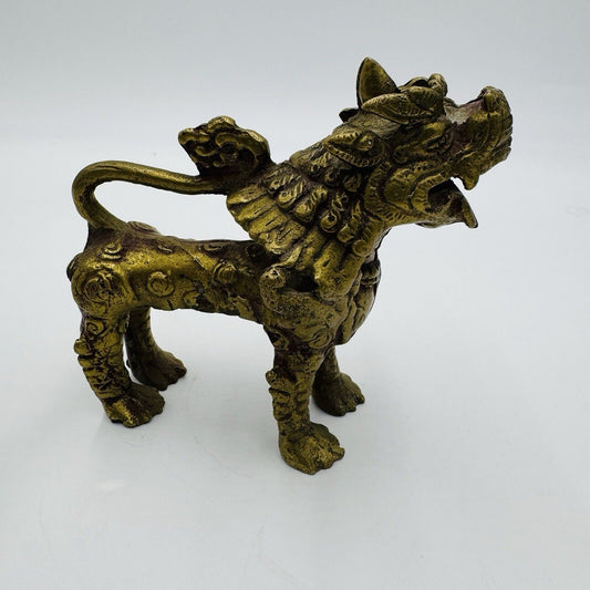 Vintage Heavy Brass Metal Foo Fu Dog Lion Chinese Statue Figurine