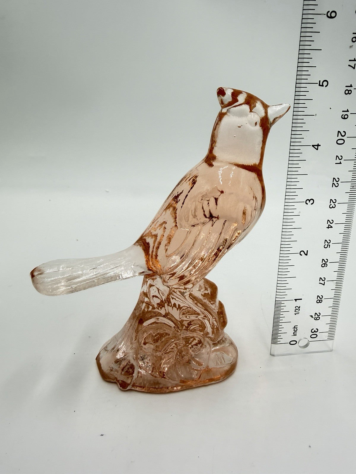 Vintage Mosser Art Glass Peach Frosted Cardinal Bird Figurine 5”H X5”L