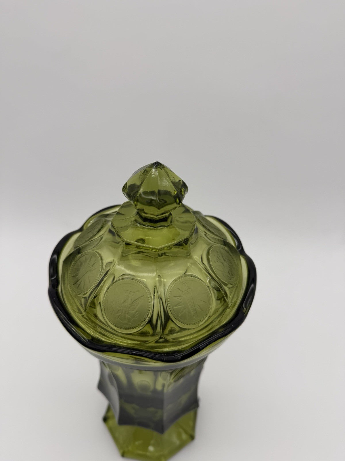 Fostoria Art Glass Embossed Coin 13”H olive Green Compote Lidded Urn Vase