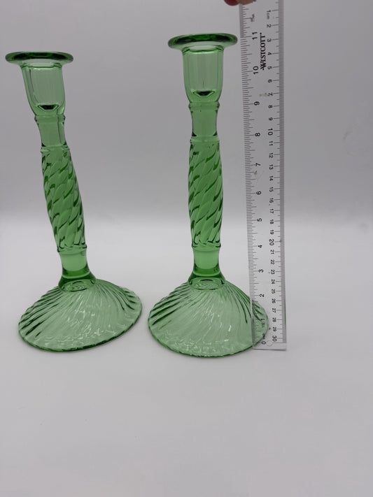Antique EAPG art glass Swirl Early American Pressed Green mint candlesticks