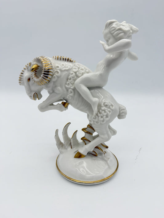 Hutschenreuther Art Deco porcelain High Spirits putto riding ram figurine 7”
