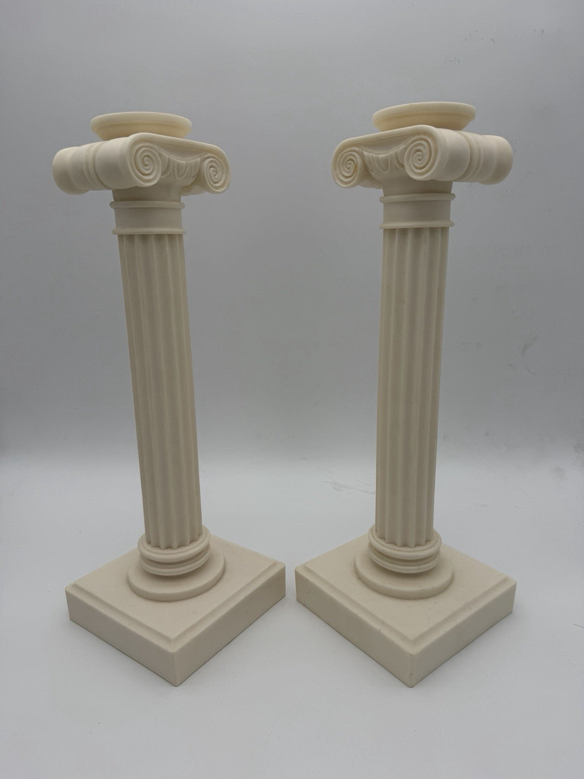 2 Alabaster Carved Roman Columns Corinthian  Sculpture Candle Holders 15.5”x5”