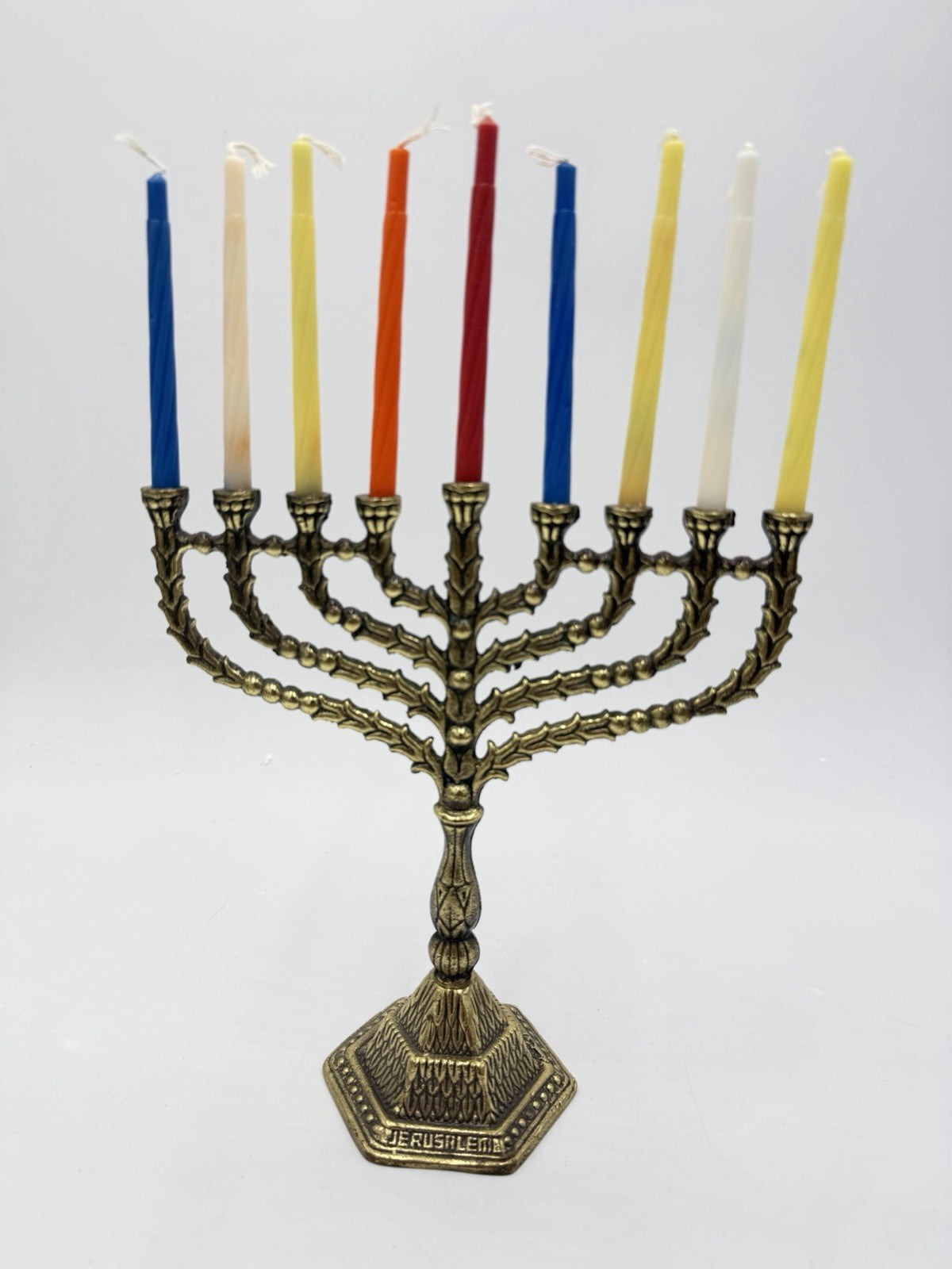 Vintage Brass Hanukkah Menorah Jerusalem Judaica candlestick Israel 8in
