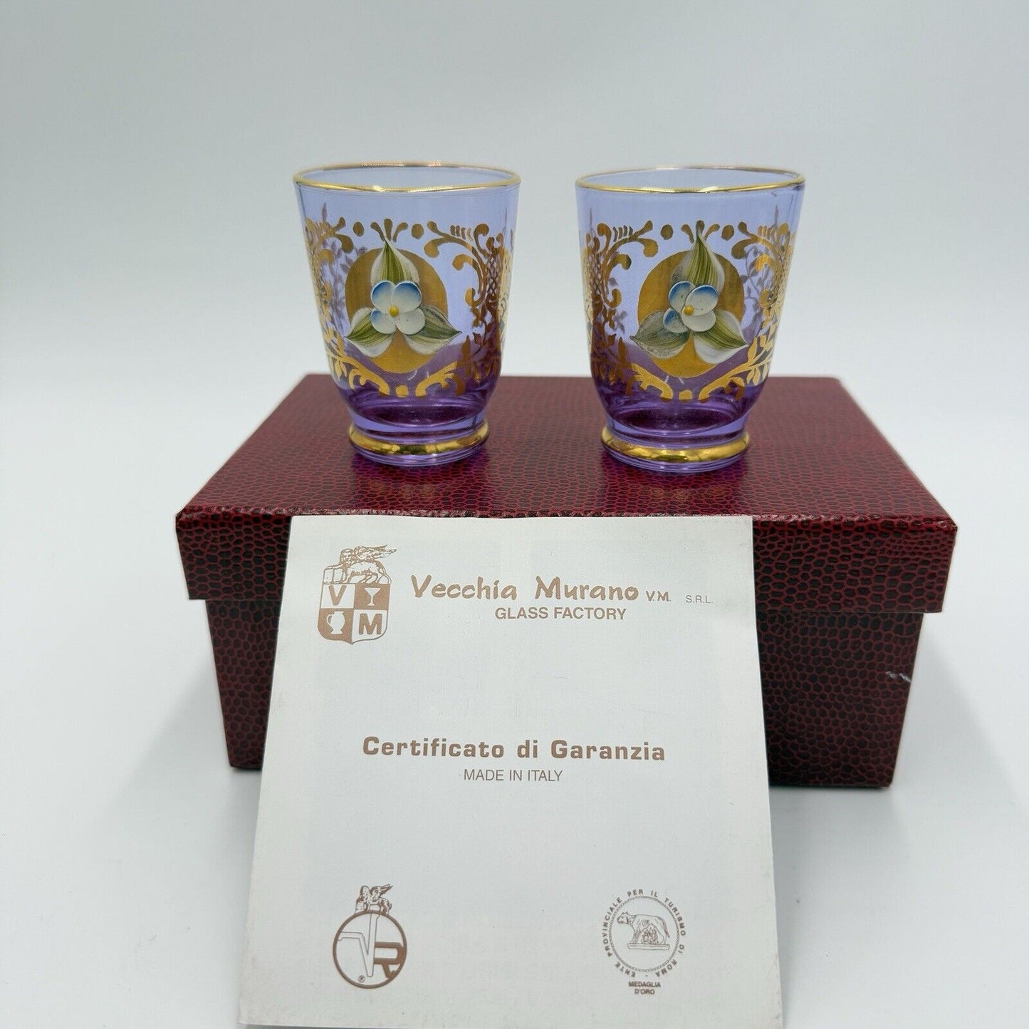 Murano Art Glass Vecchia Italy Lavender Shots Pair Glasses Set 2 Box /COA Vintag