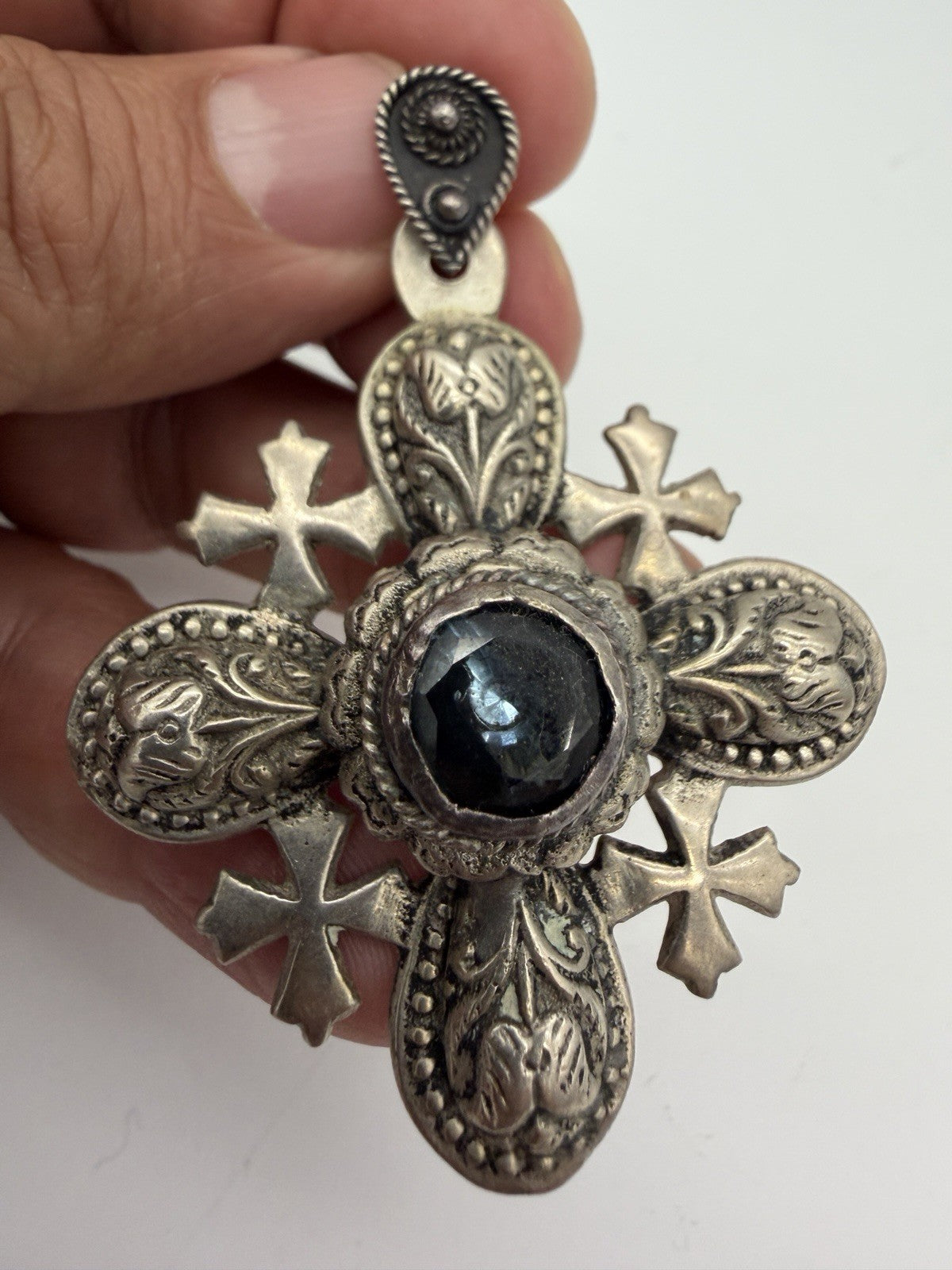 Vintage Ornate 950 Silver Jerusalem Cross 2.5”Pendant 33g Blue Onyx /cabochon